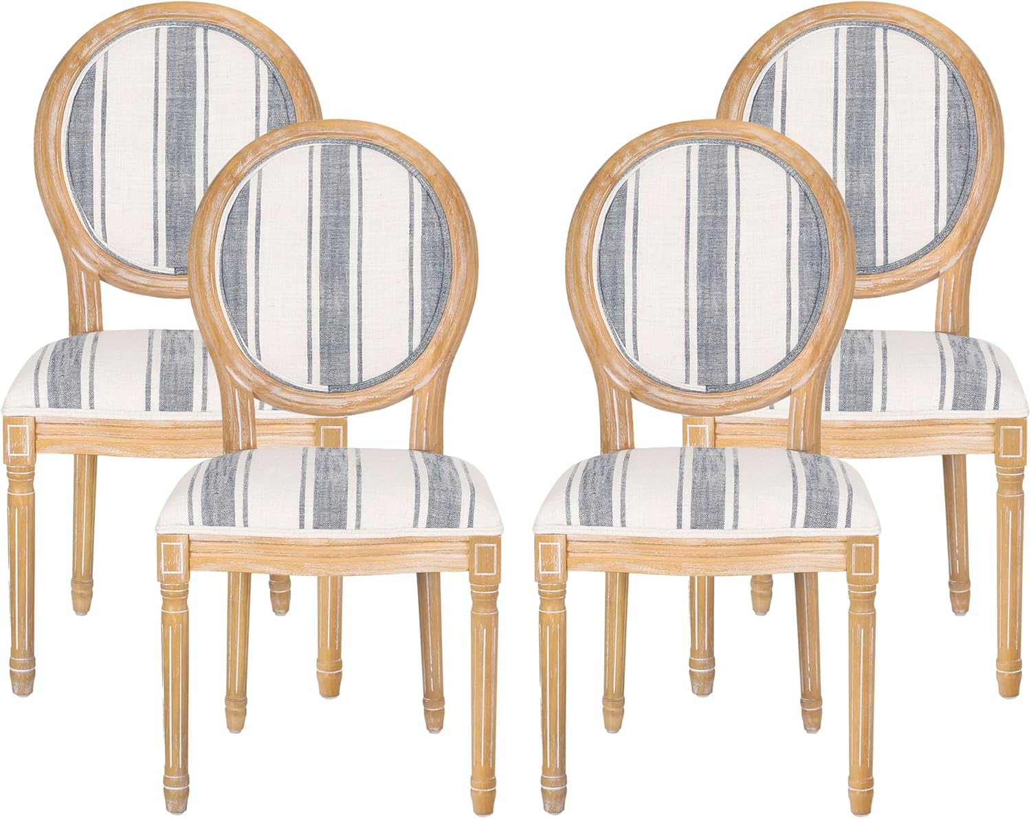Christopher Knight Home Phinnaeus Dining Chair Set, Set of 4, Wood, Dark Blue Stripes + Light Beige + Natural