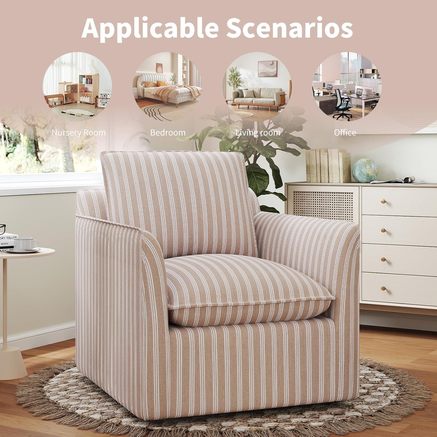 INZOY Swivel Accent Square Chair with Thick Padded Backrest Cushion, Swivel Reading Chair for Living Room Bedroom Small Spaces, Brown Stripe