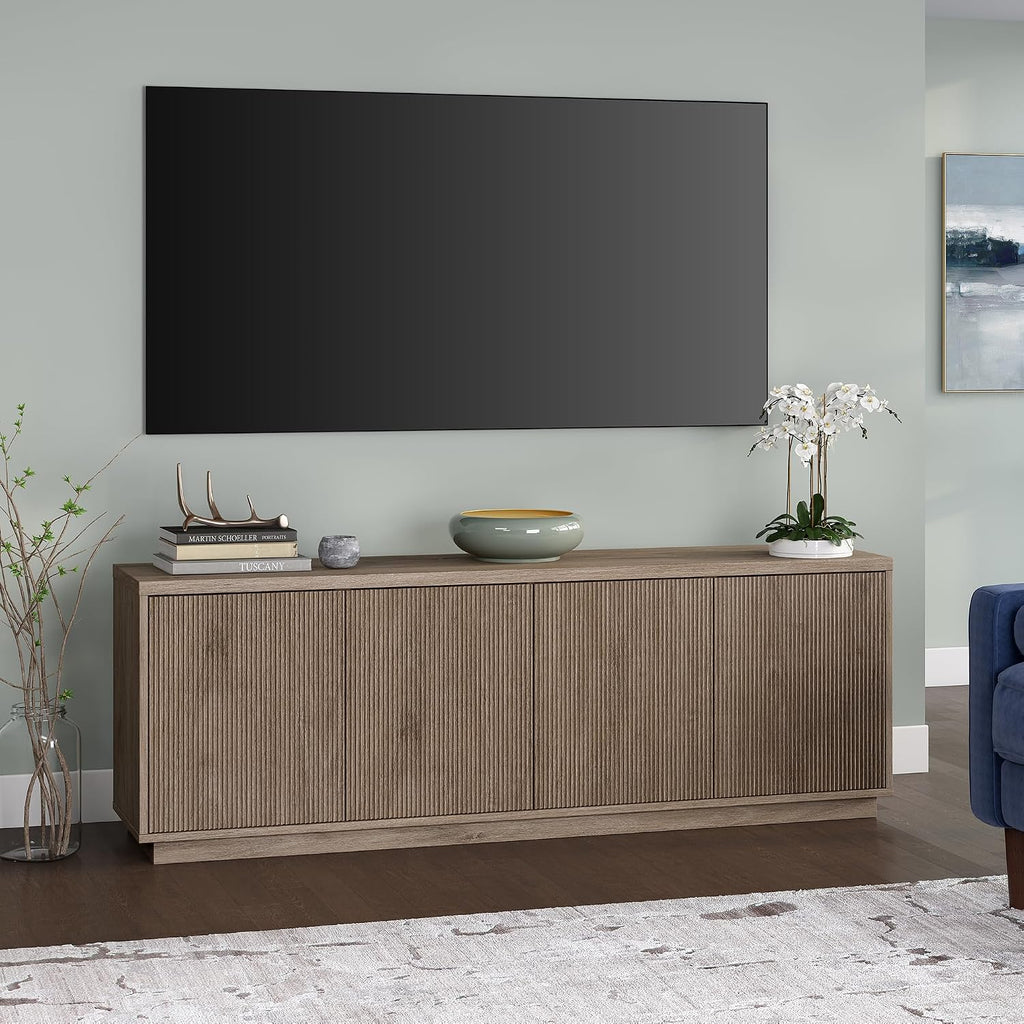 Henn&Hart Fluted TV Stand for TVs up to 75' with 2 Concealed Ribbed Storage Cabinets and Adjustable Shelves for Living Room, Family Room, or Office, Weathered Gray