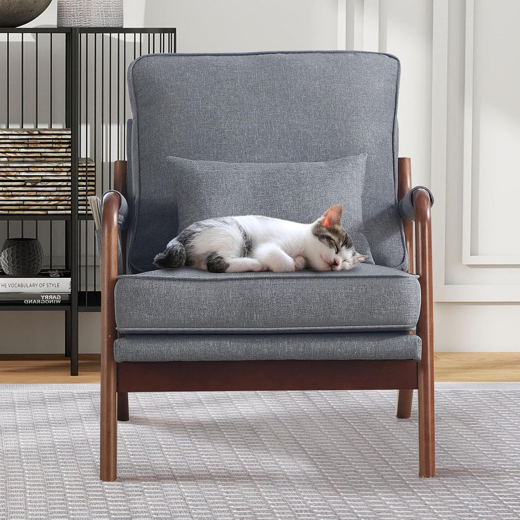 ANJ Mid Century Modern Accent Chair, Lounge Reading Armchair with Extra Side Pocket & Detachable Cushion, Comfy Fabric Accent Chairs for Living Room, Bedroom,Grey