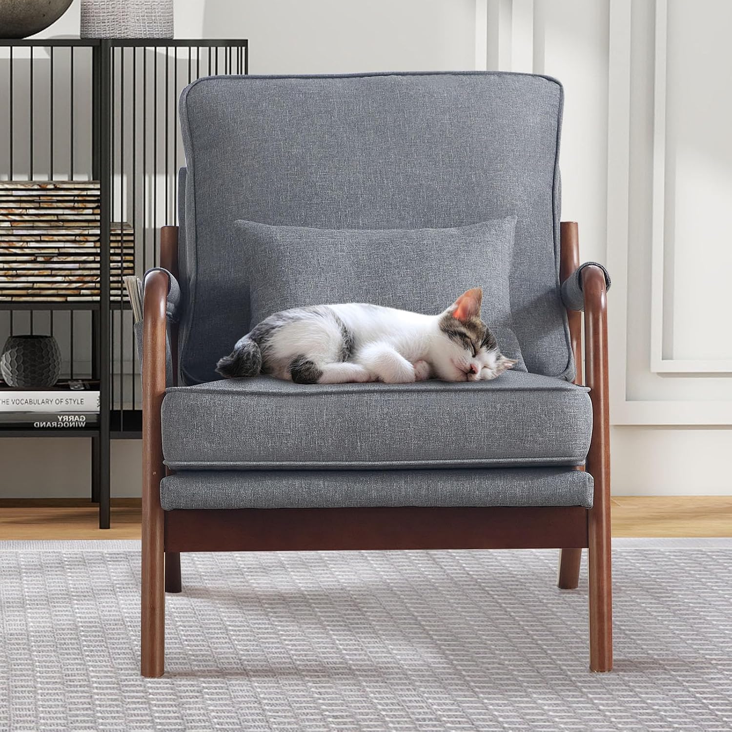 ANJ Mid Century Modern Accent Chair, Lounge Reading Armchair with Extra Side Pocket & Detachable Cushion, Comfy Fabric Accent Chairs for Living Room, Bedroom,Grey