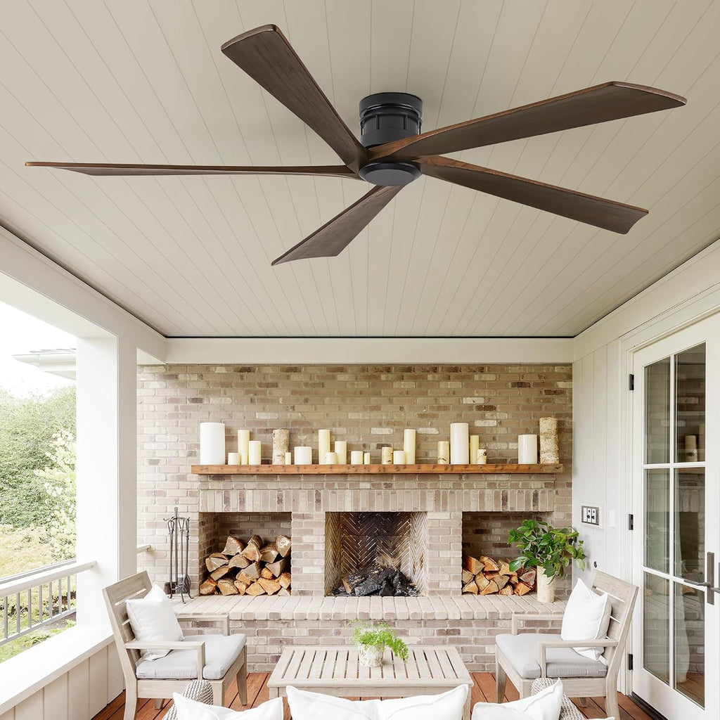 EKIZNSN 84 Inch Low Profile Flush Mount Outdoor Ceiling Fan without Light for Patios, 5 Walnut Wood Blades, 6-Gear Speed, 110V Noiseless DC Motor (Black Finish with Walnut Blades)