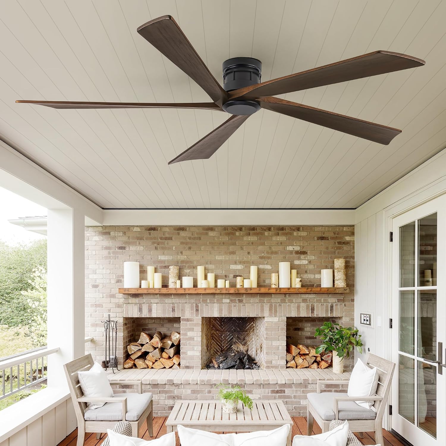 EKIZNSN 84 Inch Low Profile Flush Mount Outdoor Ceiling Fan without Light for Patios, 5 Walnut Wood Blades, 6-Gear Speed, 110V Noiseless DC Motor (Black Finish with Walnut Blades)
