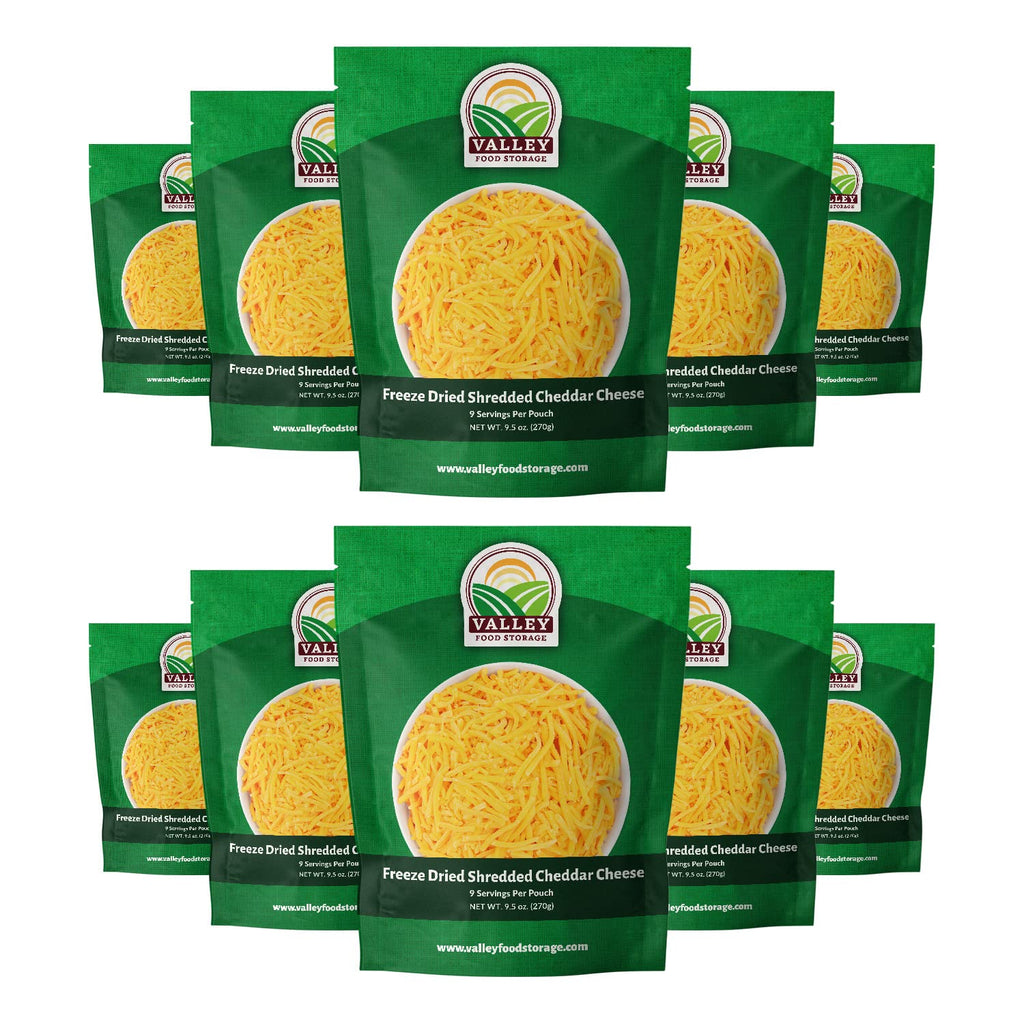 Valley Food Storage Freeze Dried Shredded Cheddar Cheese | 10-Bag Bucket, 95 oz | Premium Emergency Food Supply, 25 Year Shelf Life | Non-GMO Prepper Food for Cooking, Camping & Long-Term Storage