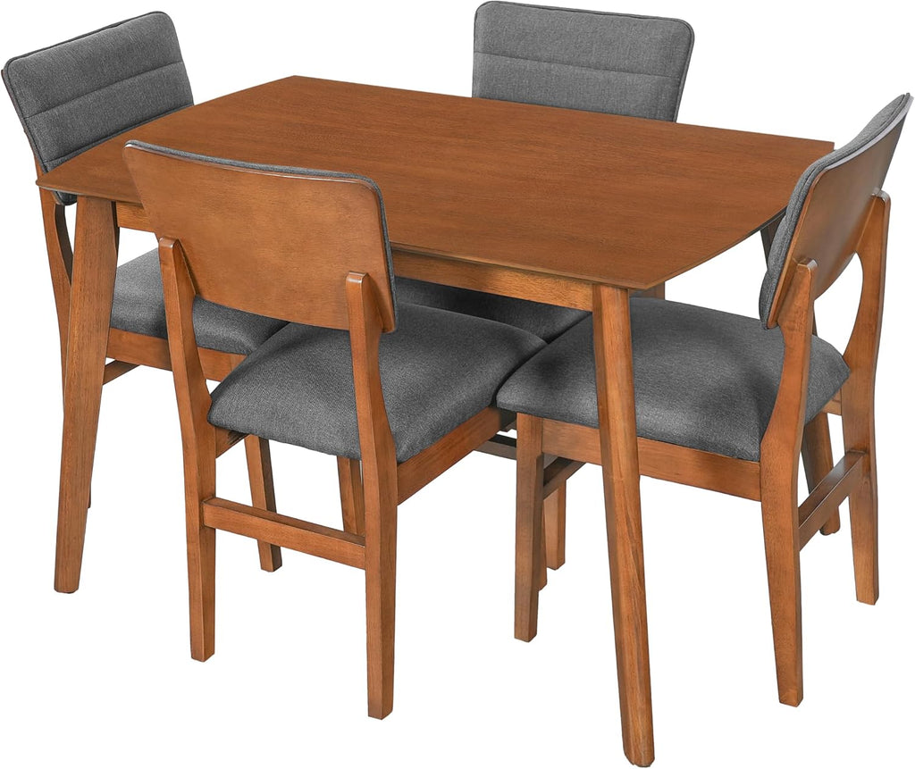 Merax 5 Piece Solid Wood Dining Table Set for 4, Farmhouse Mid-Century Modern and 4 Upholstered Chairs for Home, Kitchen, Apartment, Space Saving, Brown+Gray