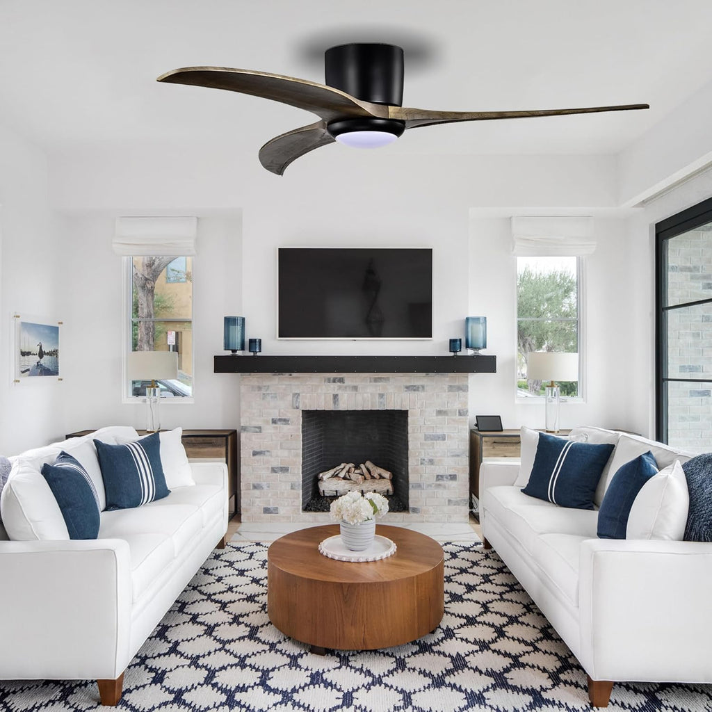 52'' Modern Dimmable Chandelier Fan with Light, Low Profile Flush Mount Ceiling Fan Wooden Fandelier with Remote Reversible DC Motor Ceiling Fan for Bedroom Living Room (Black)