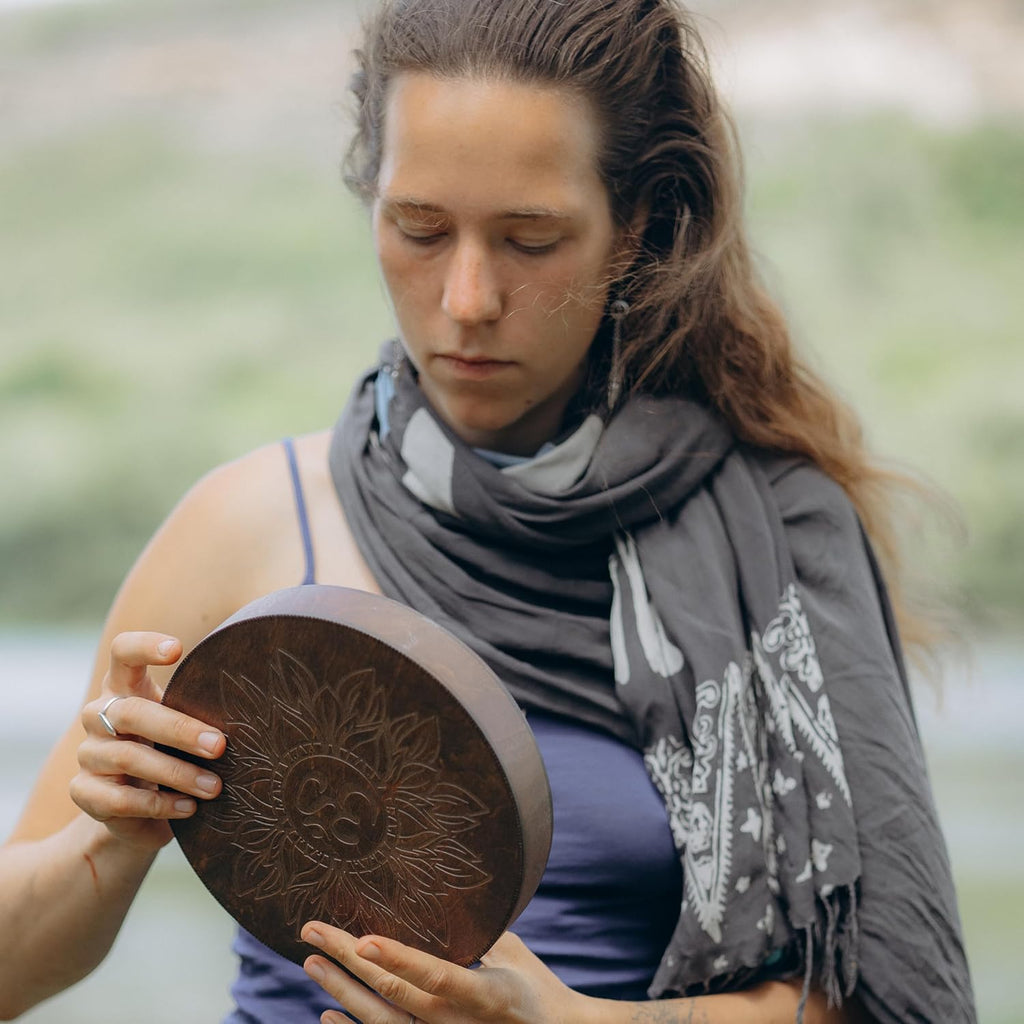 Rain-Fall Disc, 8.6 Inch (22 cm) Wooden Ocean Drum, Gentle Rain Sound for Sound Bath, Meditation & Sound Healing, Flower of Life & AUM Design