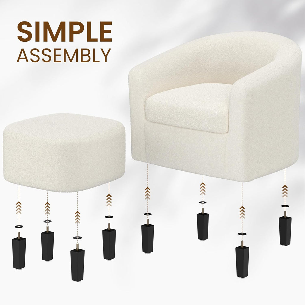 Yaheetech Barrel Chair with Ottoman Set, Boucle Fabric Accent Chair with Soft Padded and Sturdy Legs for Living Room/Bedroom/Study/Waiting Room, Ivory