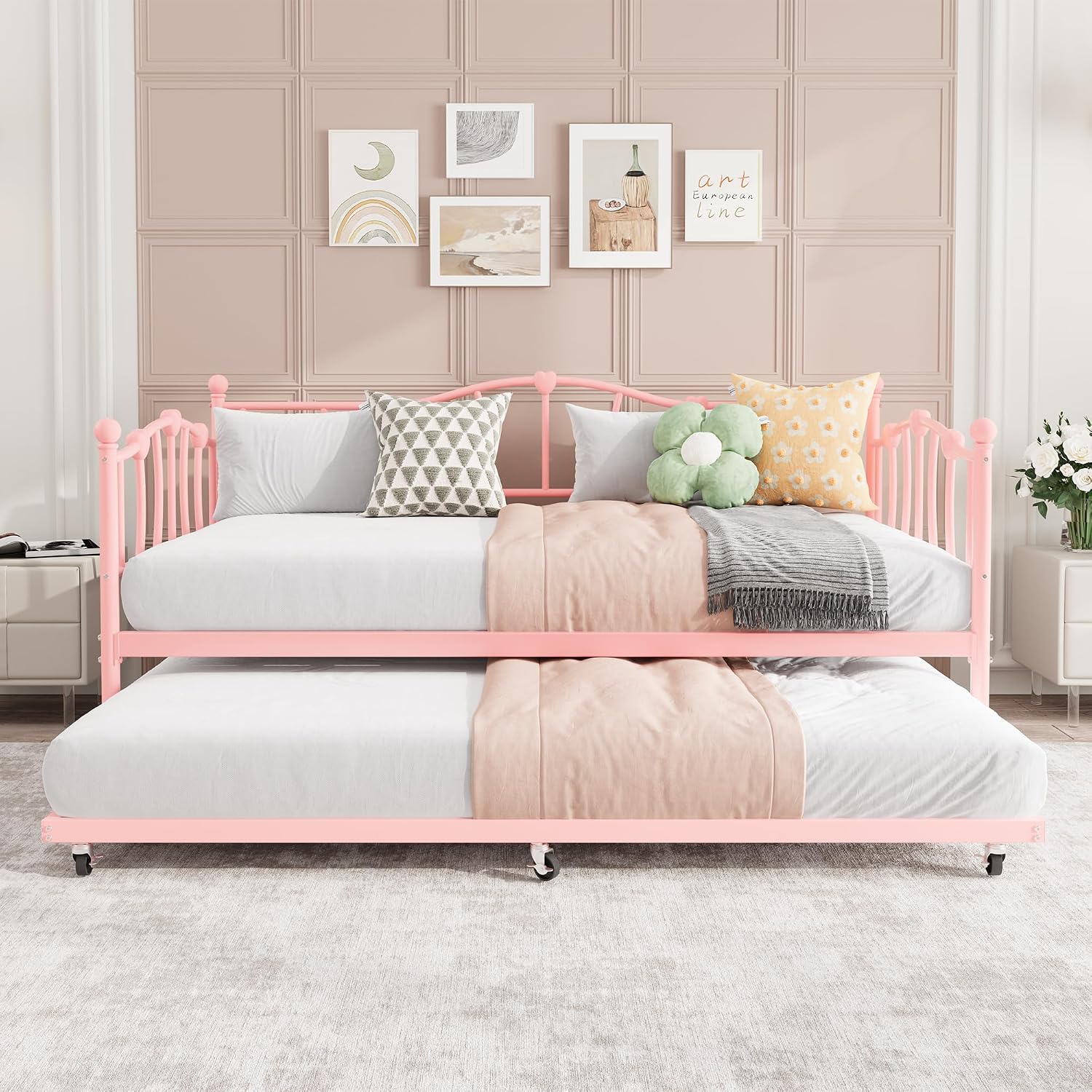 GarveeHome Twin Daybed with Trundle, Metal Sofa Bed Frame with Steel Slat Support, for Living Room, Bedroom, Love Heart Design, No Box Spring Needed, Pink
