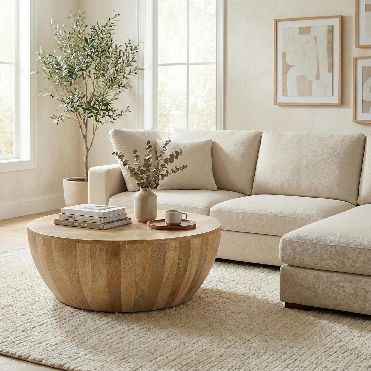 SIMPLIHOME Elmbrook Coffee Table - 34 inch Wide Solid Mango Wood Modern Industrial Round Drum Cocktail Table in Natural Blonde, Sculptural Living Room Table with Low Profile Design, Assembled
