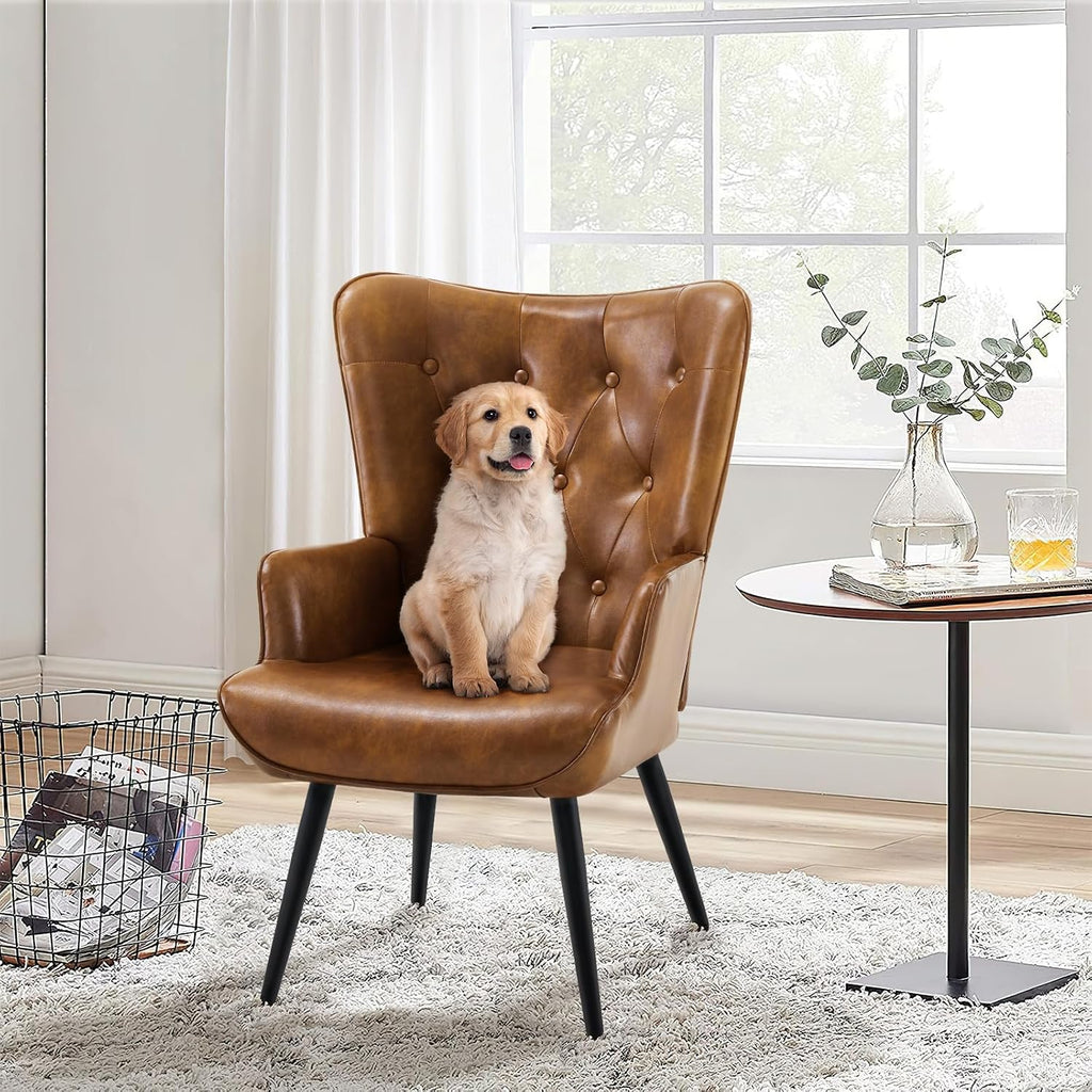 Furnimart Accent Chairs Set of 2, Brown PU Leather Reading Armchair with High Backrest, Wingback Corner Chair Mid Century Modern for Living Room, Bedroom, Waiting Room