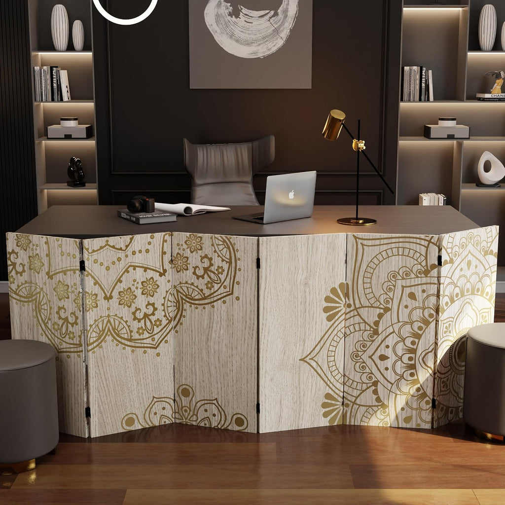 Red Lantern 3 ft. Short Double Sided Mandala on Oak Canvas Folding Screen 6 Panel Freestanding Partition and Separator for Modern and Contemporary Bedroom, Home Office, Studio, Dorm, Apartment