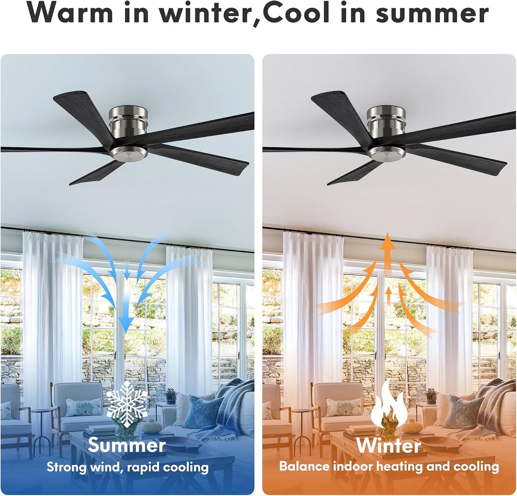 EKIZNSN 72 Inch Brushed Nickel Flush Mount Ceiling Fans without Light for Patios, 110V Noiseless Reversible DC Motor, 6-Gear Speed (Nickel Finish with Black Blades)