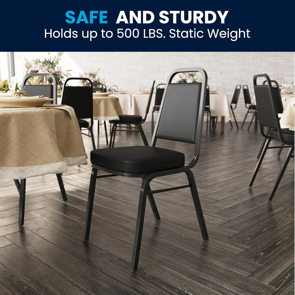 Flash Furniture Hercules Set of 4 Trapezoidal Vinyl Stacking Chairs, Commercial Stackable Chairs with Padded Seats and Backs, Black