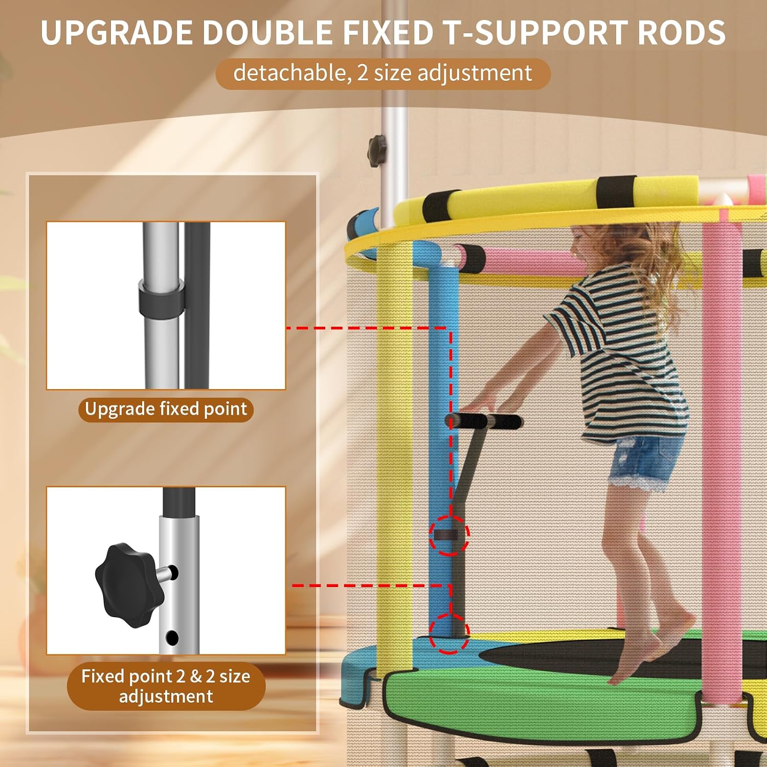 Trampoline for Kids, Adjustable Baby Toddler Trampoline with Basketball Hoop, Round Bottom Indoor Outdoor Toddler with Enclosure