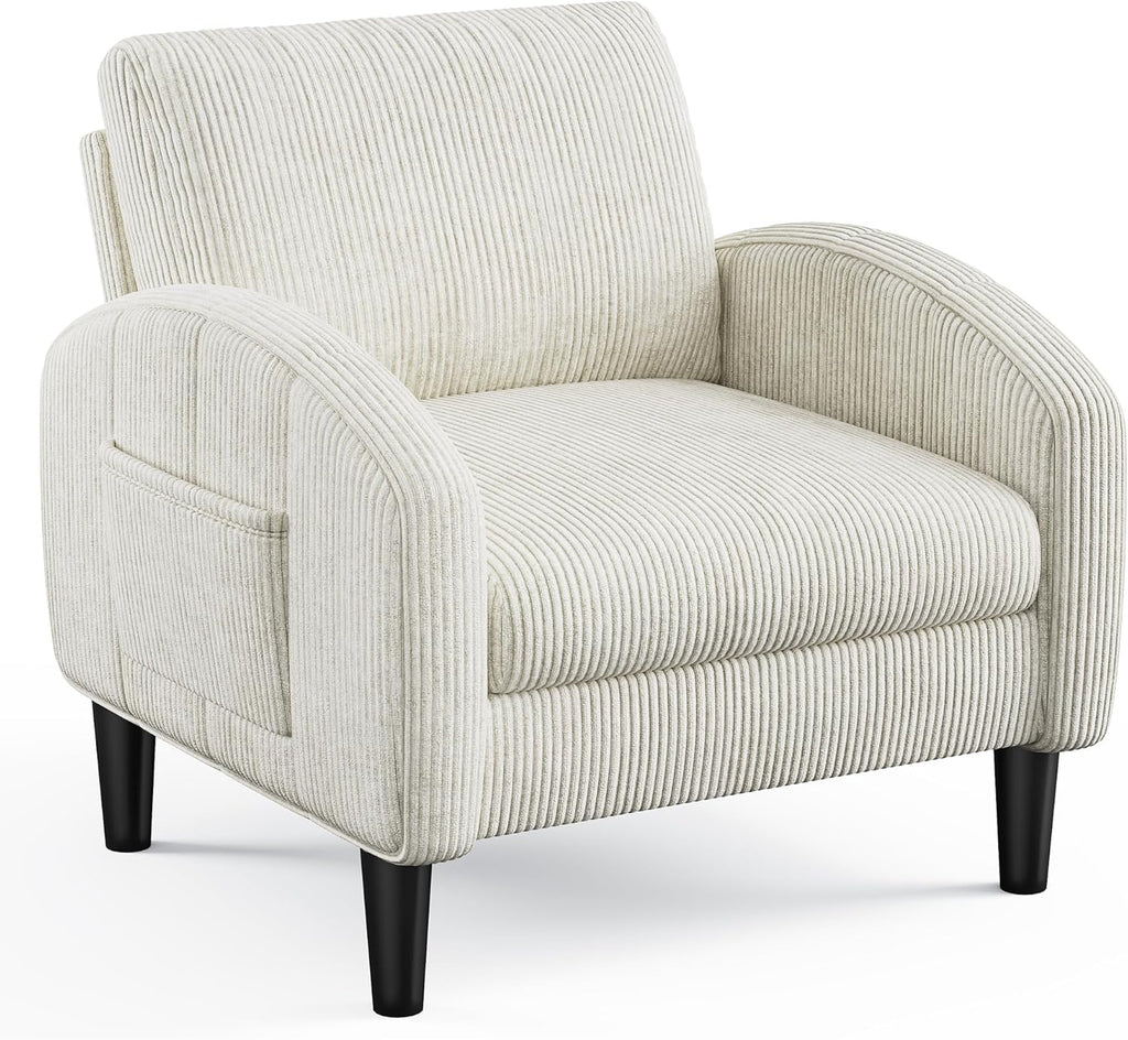 Homkdom Accent Chair for Living Room,Mid Century Modern Reading Chair with 2 Side Pockets,Upholstered Armchair for Apartment,Small Room,Beige