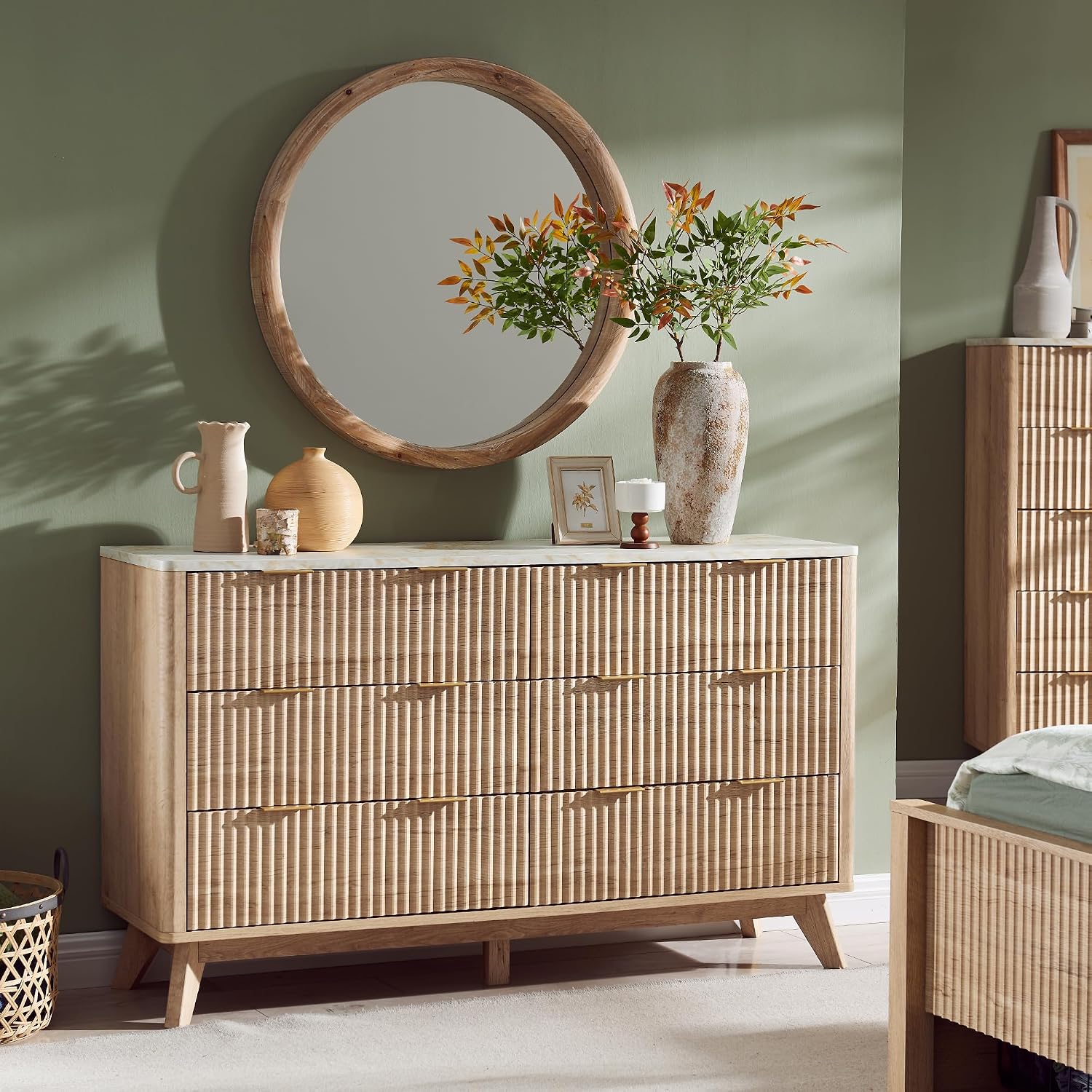 T4TREAM Fluted 6 Drawers Dresser, 54' Wide Modern Chest of Drawers with Faux Marble Top, Curved Profile Design, Dresser TV Stand, Wood Drawer Organizer for Bedroom, Living Room, Hallway, Natural Oak
