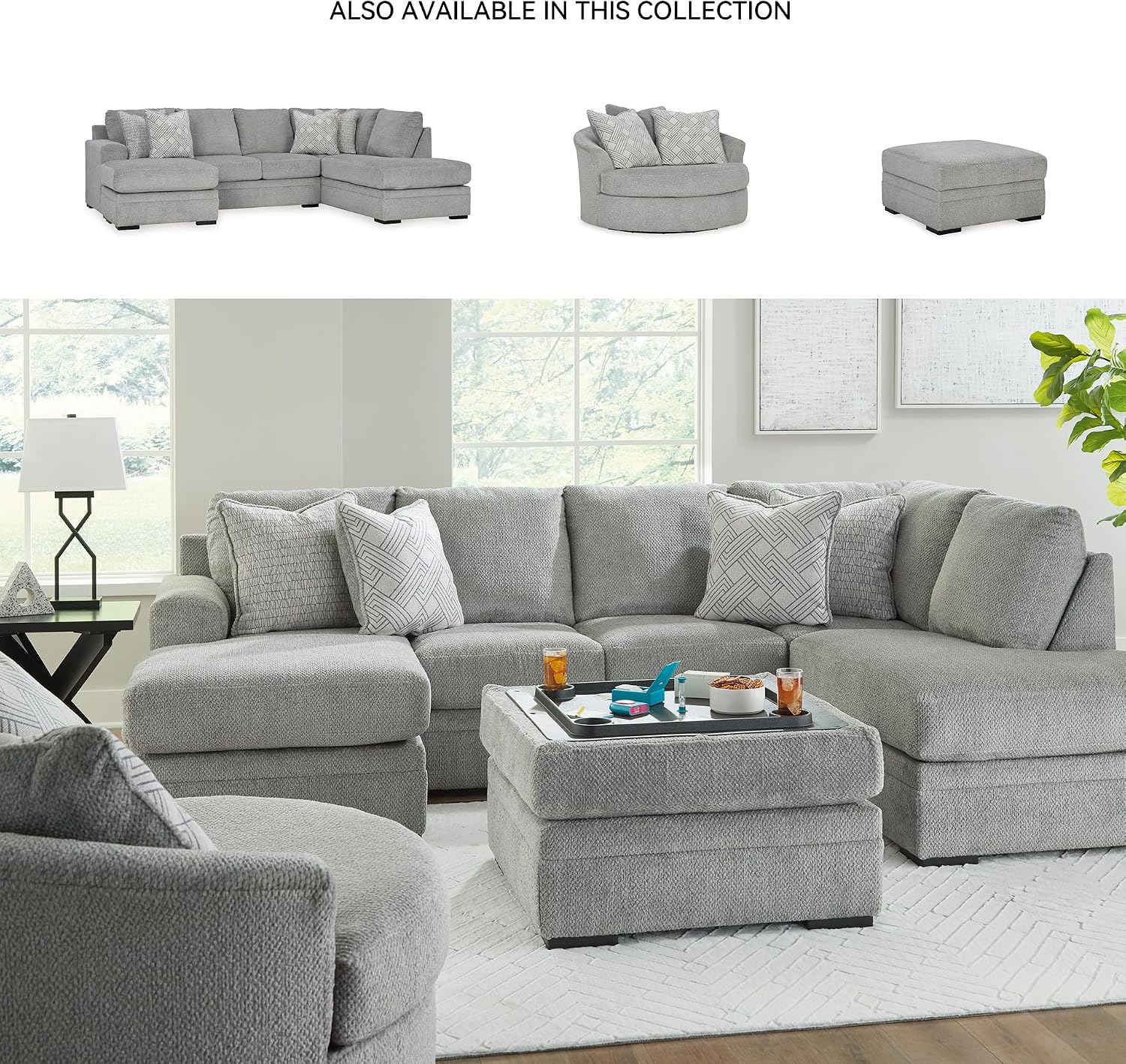 Signature Design by Ashley Casselbury Contemporary Upholstered Oversized Swivel Accent Chair with 3 Throw Pillows, Light Gray