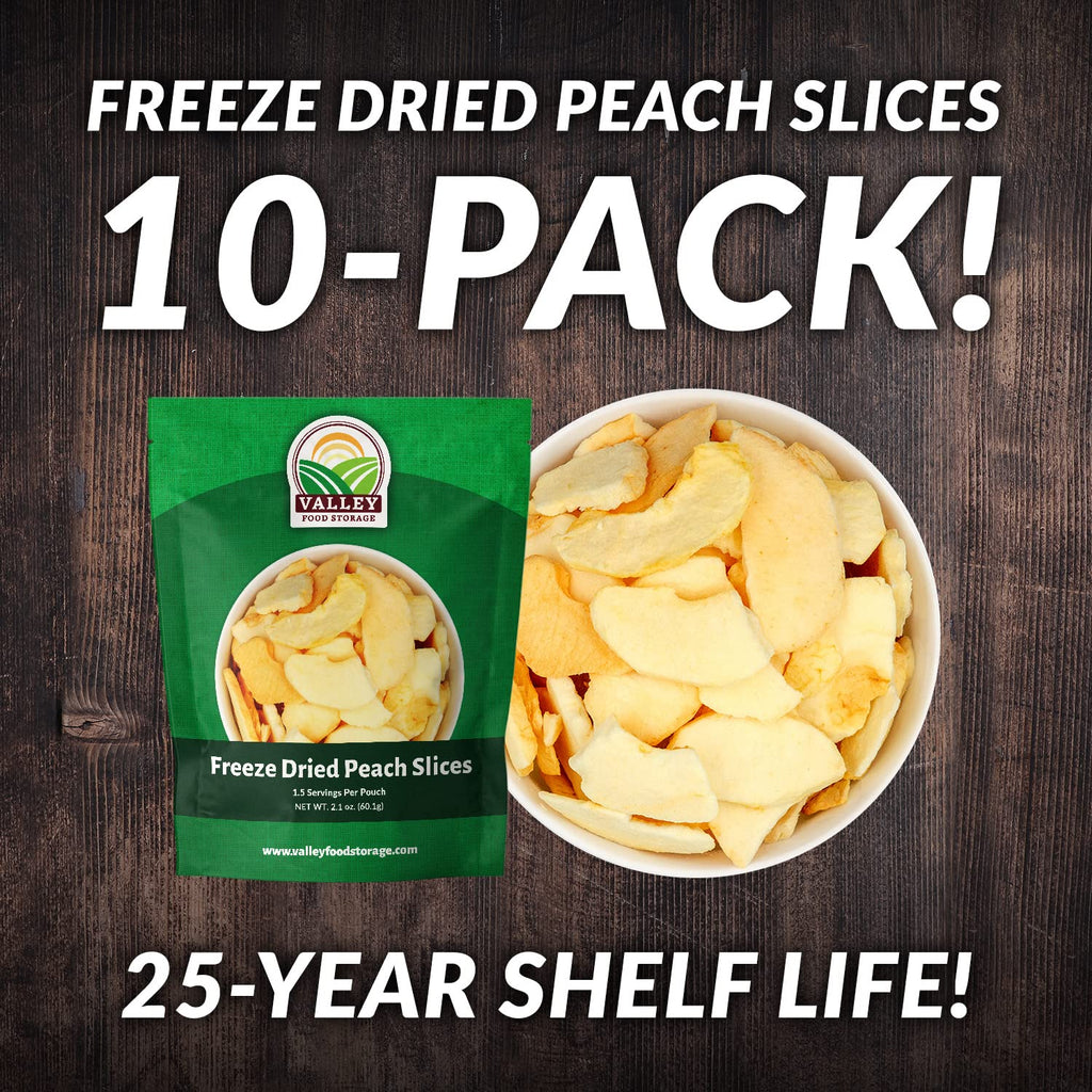 Valley Food Storage Freeze Dried Peach Slices | 10-Bag Bucket, 21 oz | Non-GMO Premium Emergency Food Supply, 25 Year Shelf Life | Prepper Supplies, Survival Food, Off-Grid Living | Packaged in USA