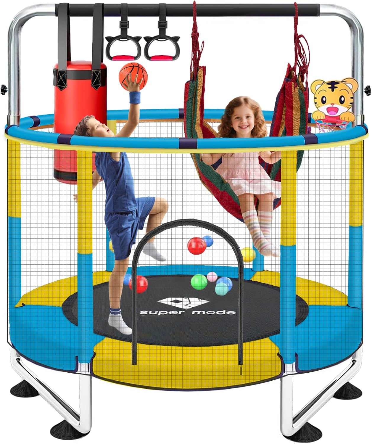 55' Indoor & Outdoor Trampoline for Kids with Enclosure, Toddler Trampoline with Adjustable Gymnastics Bar & Toys, No-Gap Safety Design