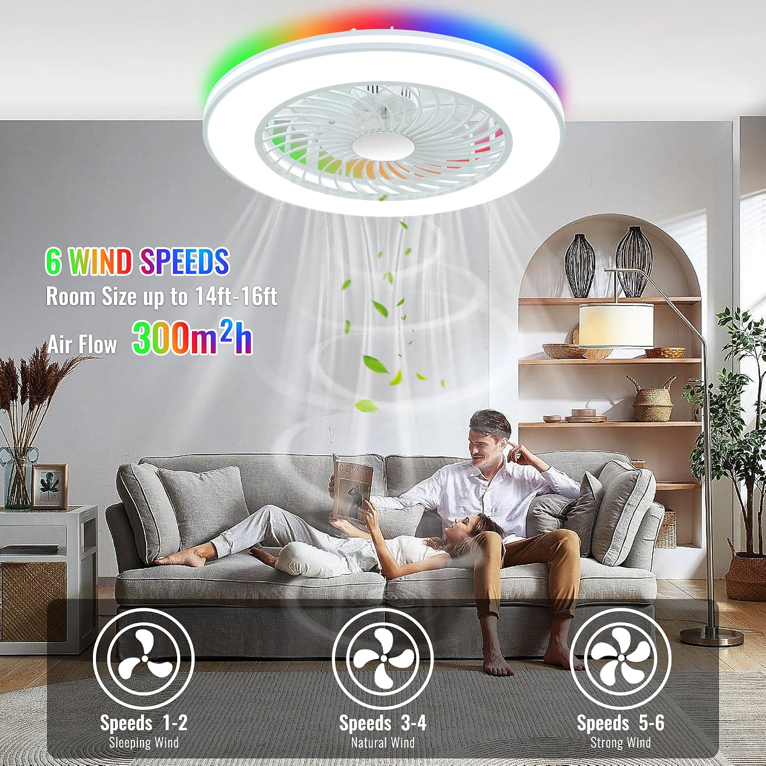 24'' Low Profile Bladeless Ceiling Fans with Lights, Remote/APP/Alexa Smart Control, RGB & 3CCT Dimmable, Flush Mount Ceiling Fan with 6-Speed Reversible for Bedroom Living Room