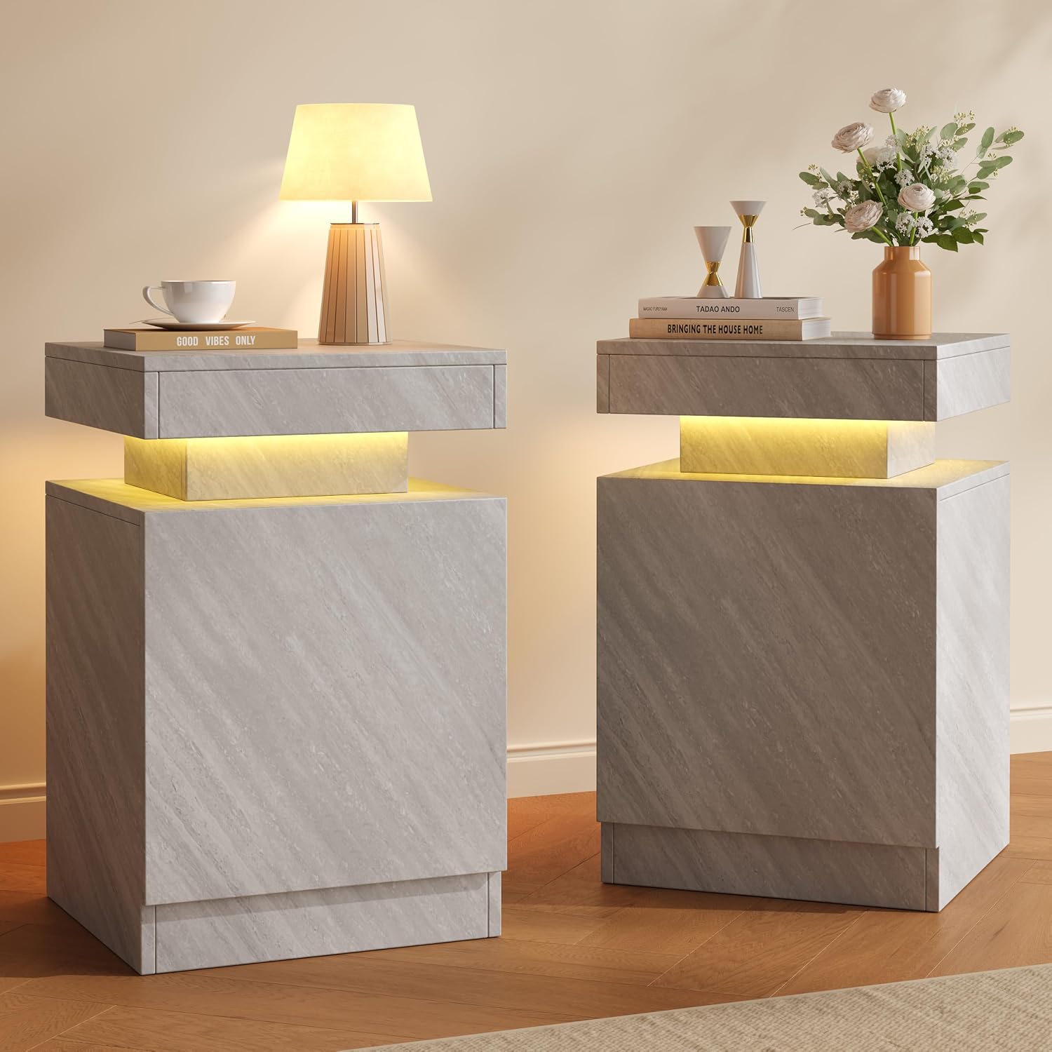 Nightstands Set 2, 15 Inches LED Night Stand Set of 2, Modern Bedside Table with LED Lights, High Gloss Surface, End Table with Storage for Bedroom, Grey