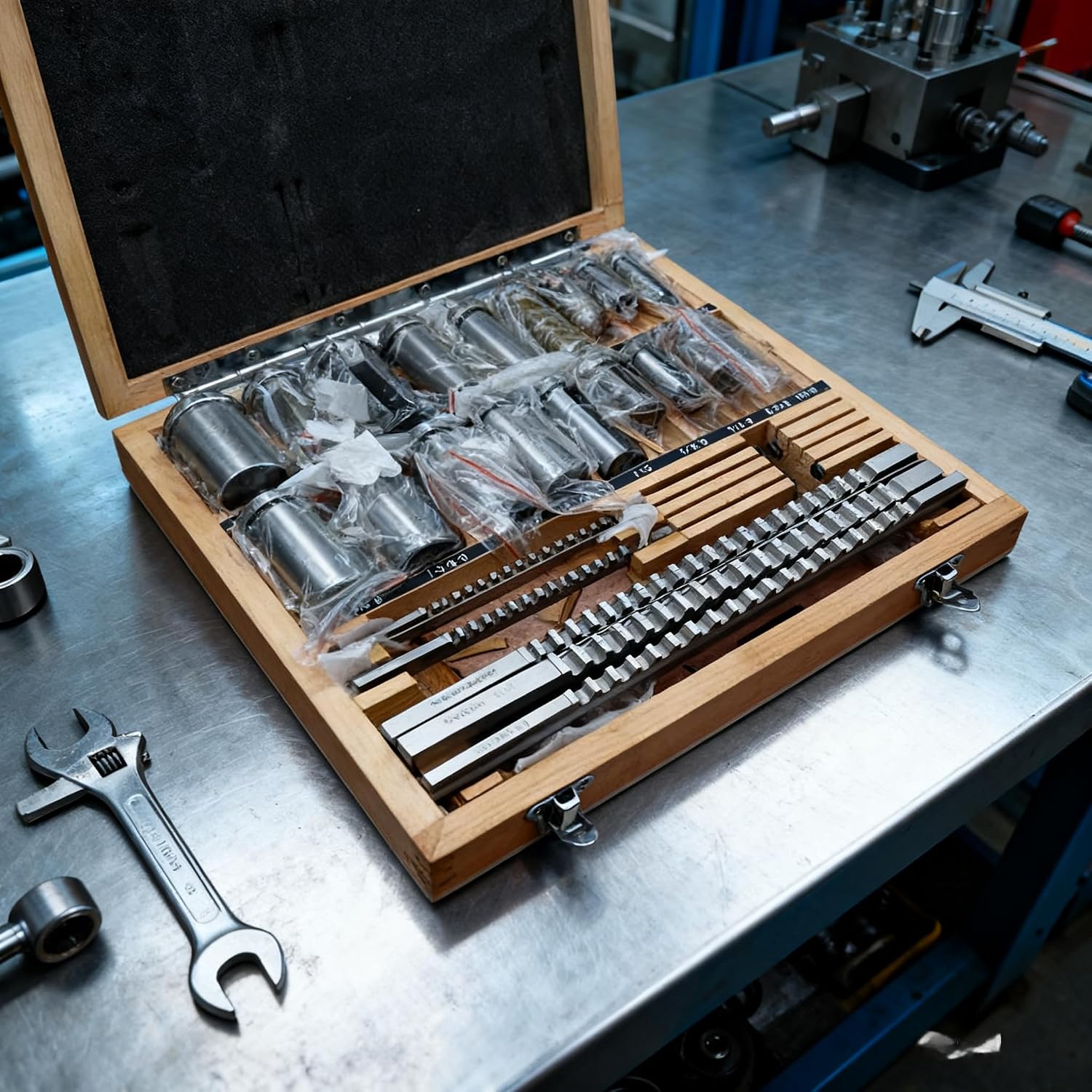 30-Piece Keyway Broach Kit, HSS Lathe Cutting Tool Set with 5 Broaches, 18 Collared Bushings & 7 Shims – Inch Sizes B-1/8', B-3/16', C-1/4', C-5/16', C-3/8'