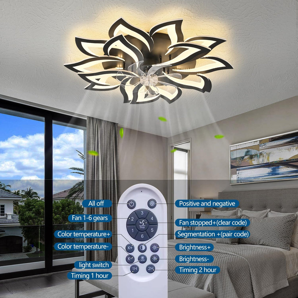 Dalouguan 35' Black Modern Ceiling Fan with Lights Remote Control, 6 Speeds 3 Light Color Low Profile Flush Mount Ceiling Fan with light for Kitchen Bedroom