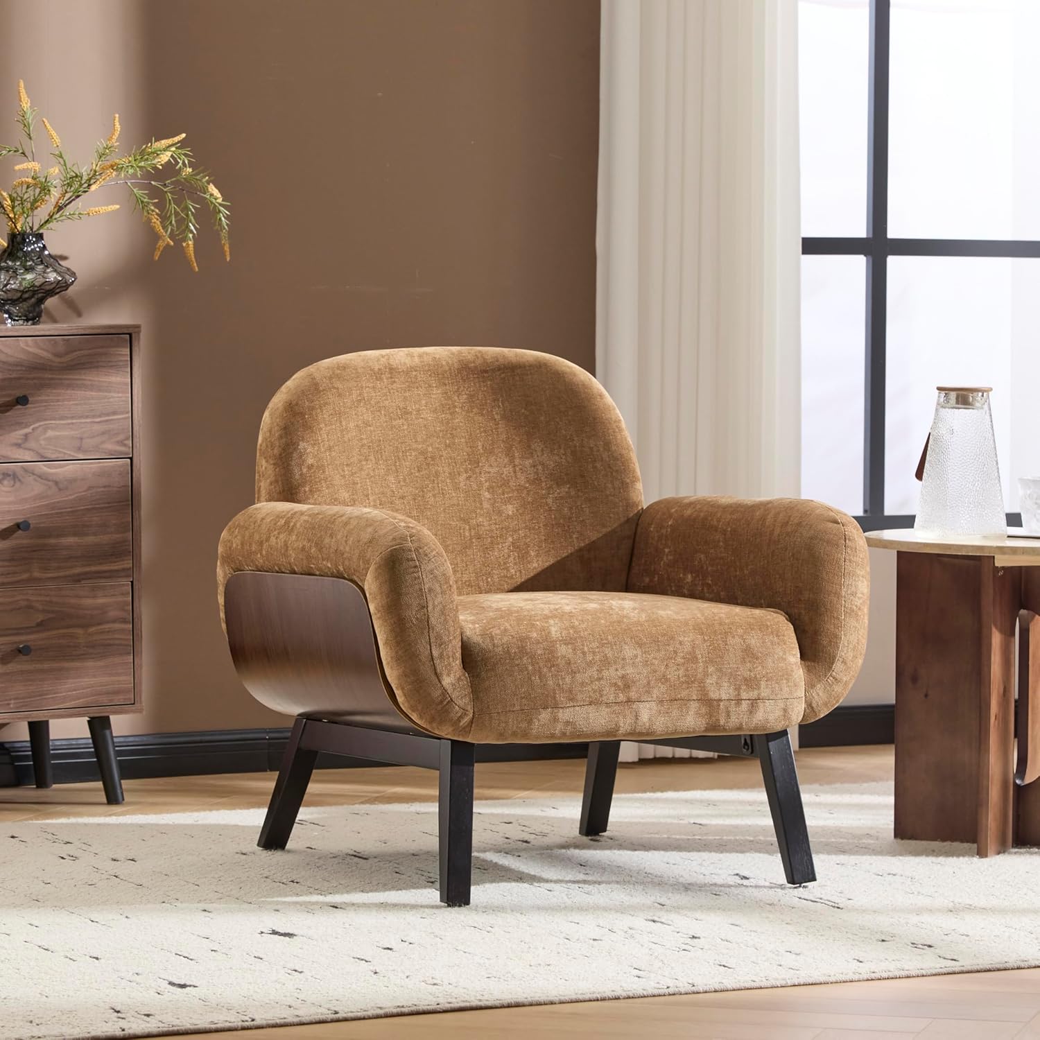Christopher Knight Home Audrey Modern Upholstered Accent Chair, Low Profile Lounge Chair Inddor, Wooden Comfy Reading Chair, Soft Seating Single Lounge Sofa, Tan Brown