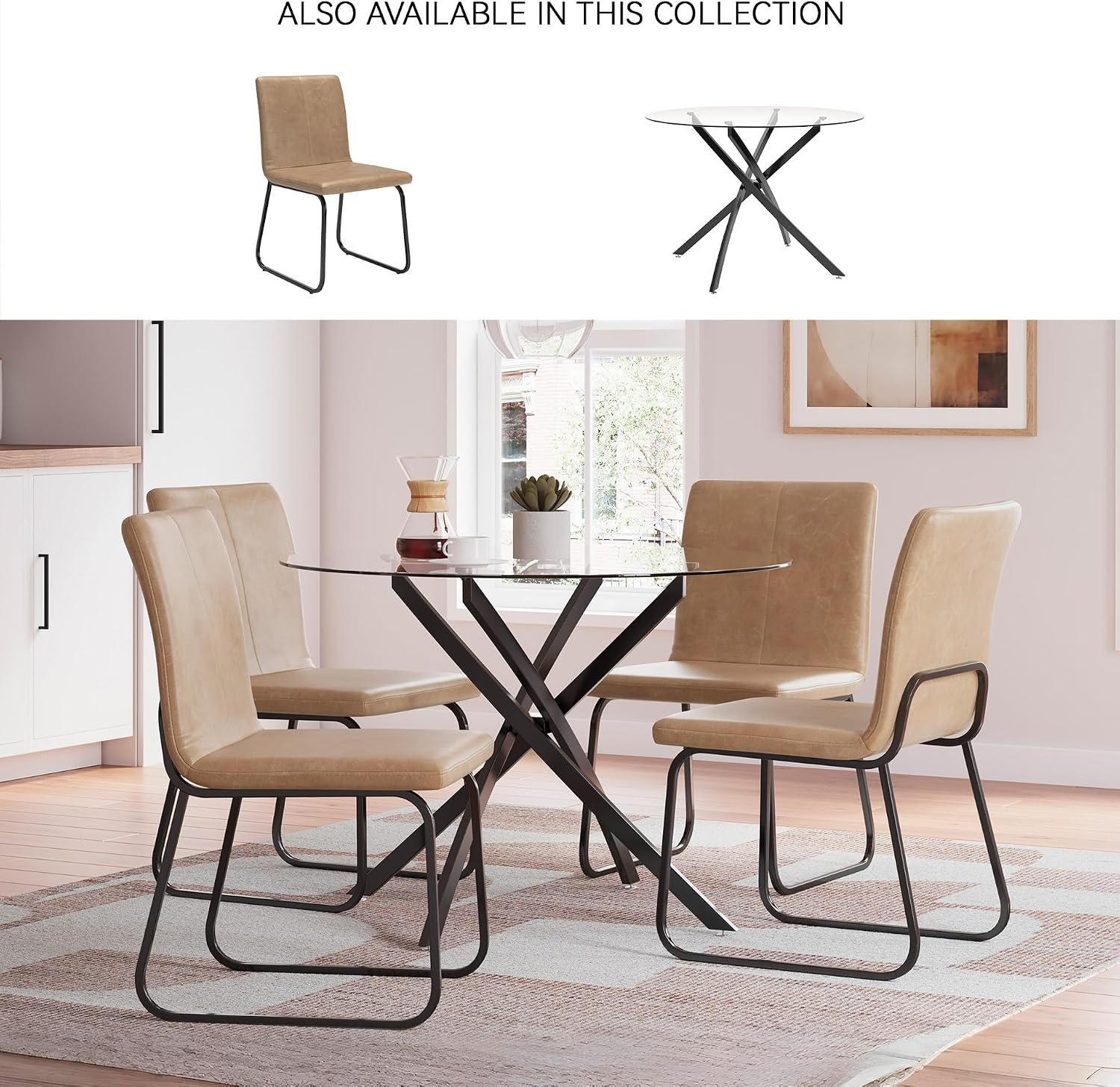 Signature Design by Ashley Pharwynn Casual Indoor Faux Leather Upholstered Armless Dining Chair with Sled Base, Set of 4, Light Brown & Black