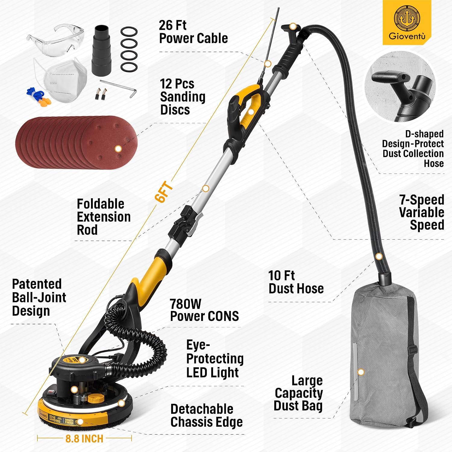 Drywall Sander, 780W Powerful Electric Drywall Sander with Vacuum Attachment, Auto Dust Absorption, Dustless Wall Sander with 26' Power Cord for Popcorn Ceiling, Drywall etc