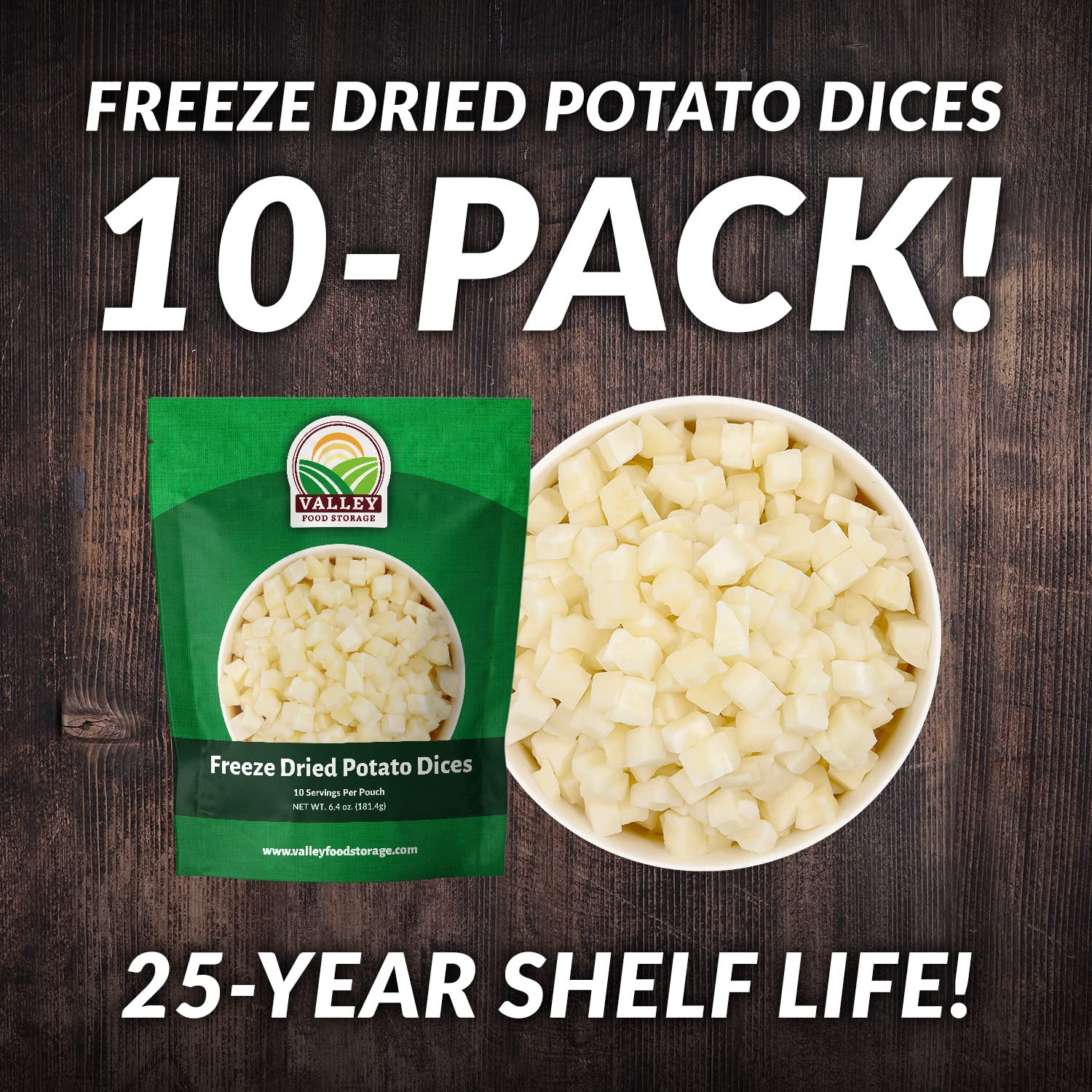 Valley Food Storage Freeze Dried Diced Potatoes | 10-Bag Bucket, 64 oz | Premium Emergency Food Supply | Non-GMO Survival Food, 25 Year Shelf Life | Prepper Supplies, Camping Food & Off-Grid Living | Packaged in USA