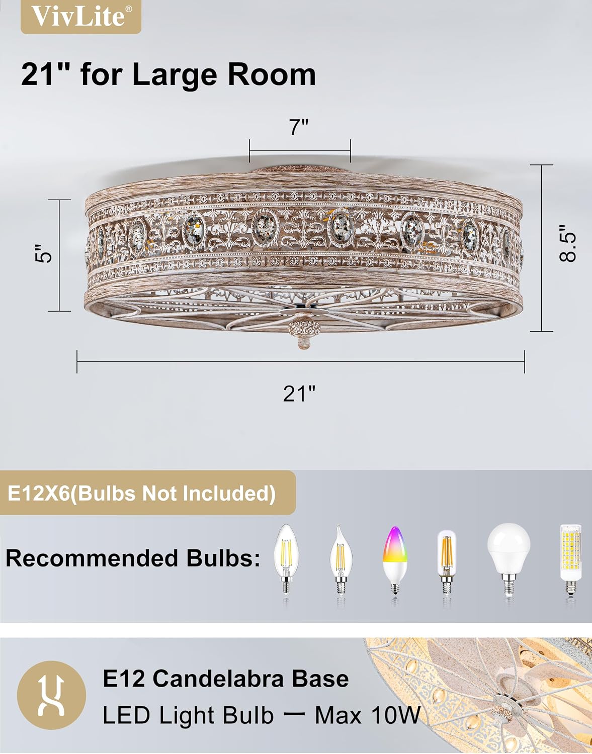 Vintage Farmhouse Fandelier Caged Ceiling Fan with Light Low Profile Rustic Flush Mount Light Fixture with Crystal Details Bladeless and Remote for Bedroom (Antique Wood, Medium-21INCH)