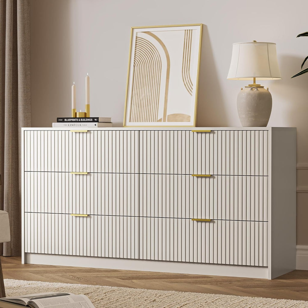 MAISONARIA 6 Drawer Dresser for Bedroom, 55' Wide Modern Chest of Drawers with Gold Metal Handles, Fluted Wood TV Stand for Living Room, Hallway(Beige)