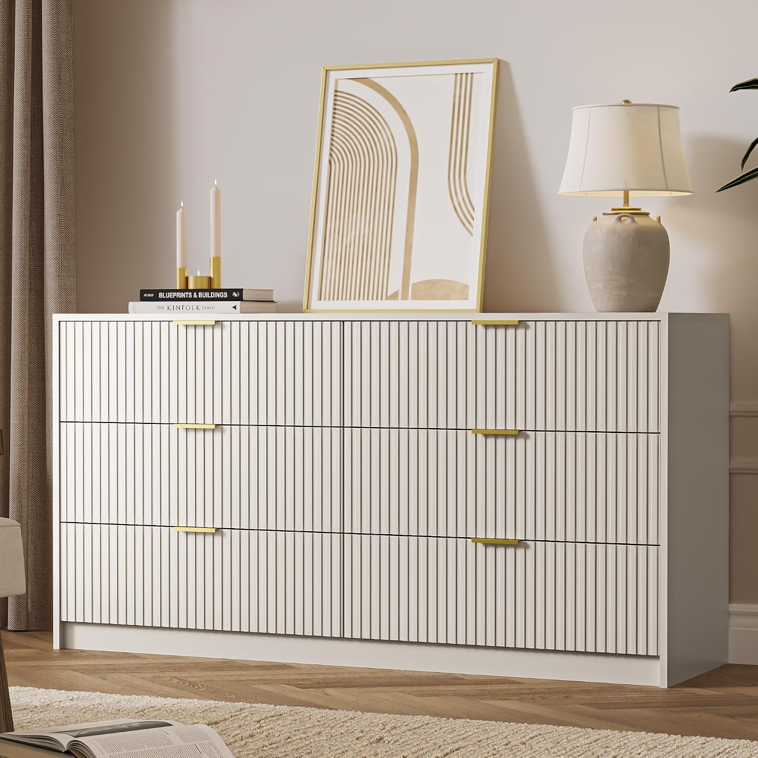 MAISONARIA 6 Drawer Dresser for Bedroom, 55' Wide Modern Chest of Drawers with Gold Metal Handles, Fluted Wood TV Stand for Living Room, Hallway(Beige)