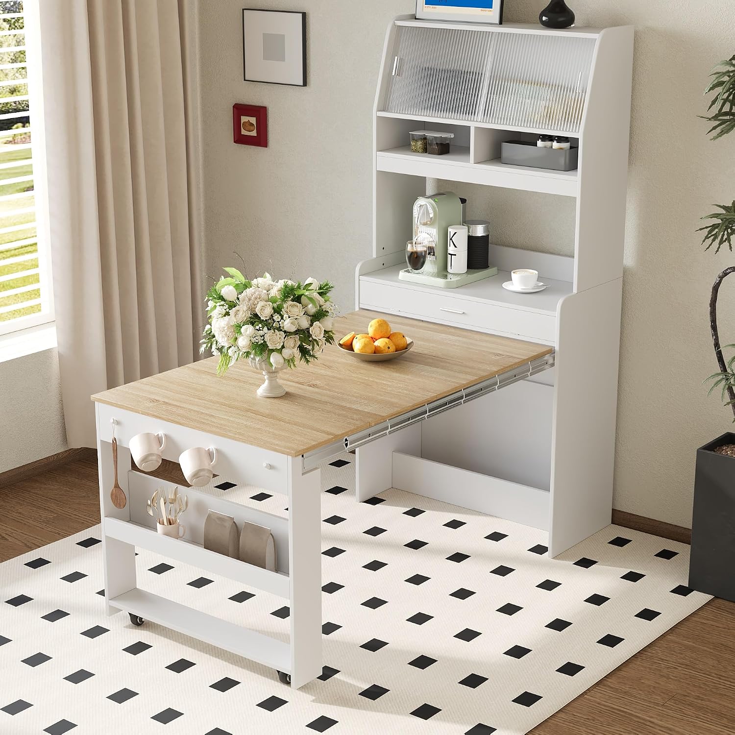 Merax Sideboard Buffet Cabinet with Foldable Dining Table, Multifunctional Cupboard with Storage Shelf and Hooks, for Small Places,Studio, Apartment
