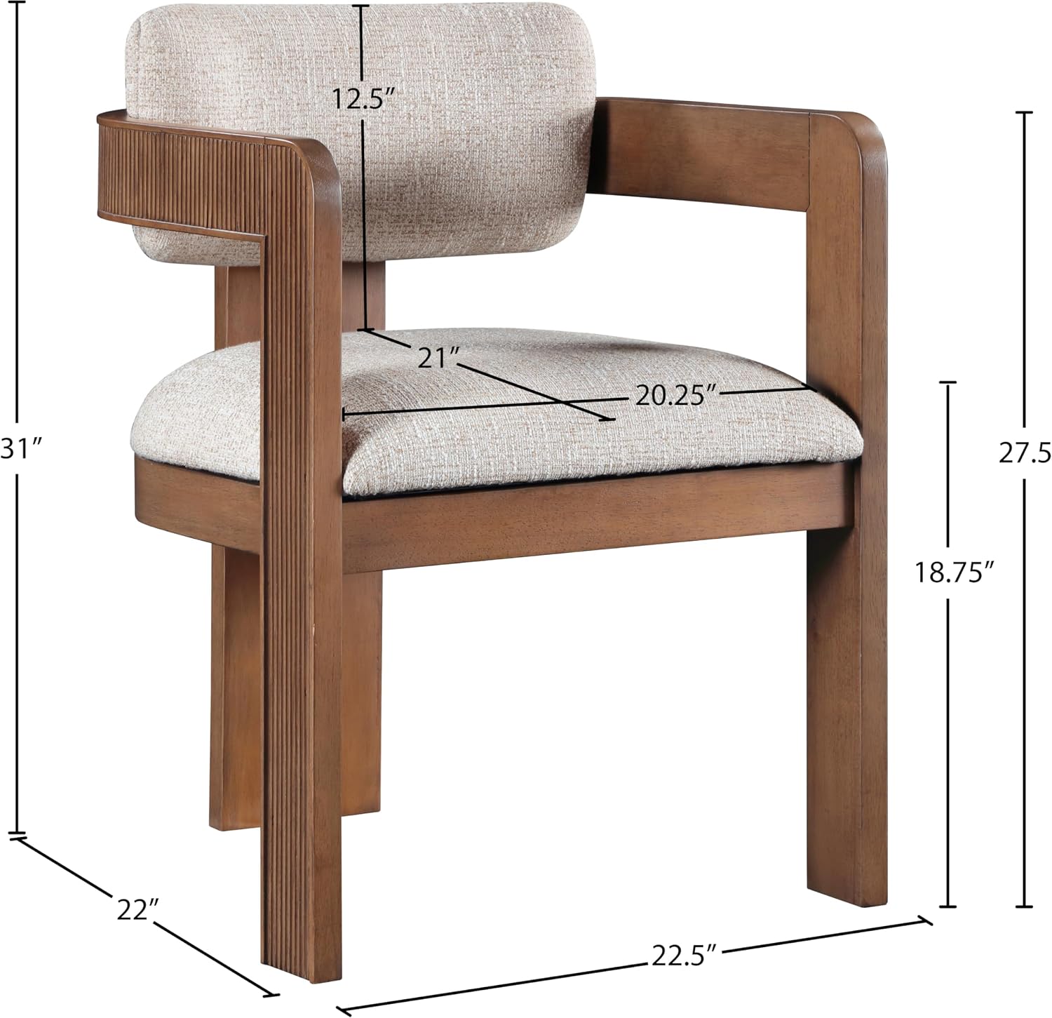 Meridian Furniture Sacha Collection Art Deco Dining Chair, Solid Fluted Wood, 22.5' W x 22' D x 31' H, Set of 2 (Beige, Brown Finish, Velvet)