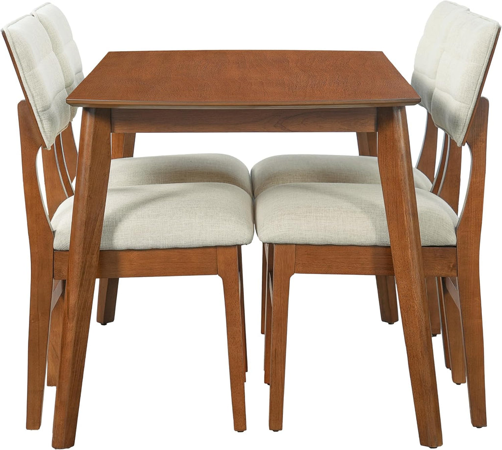 Merax 5 Piece Solid Wood Dining Table Set, Farmhouse Mid-Century Modern Table & 4 Upholstered Chairs for Home, Kitchen, Apartment, Space Saving, Brown+Biege