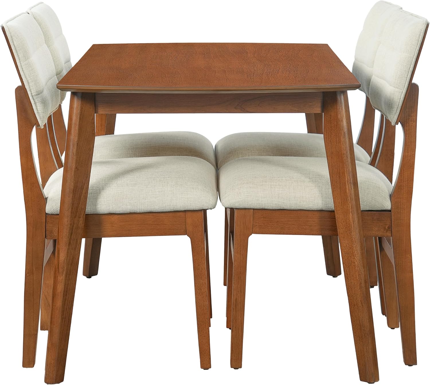 Merax 5 Piece Solid Wood Dining Table Set, Farmhouse Mid-Century Modern Table & 4 Upholstered Chairs for Home, Kitchen, Apartment, Space Saving, Brown+Biege