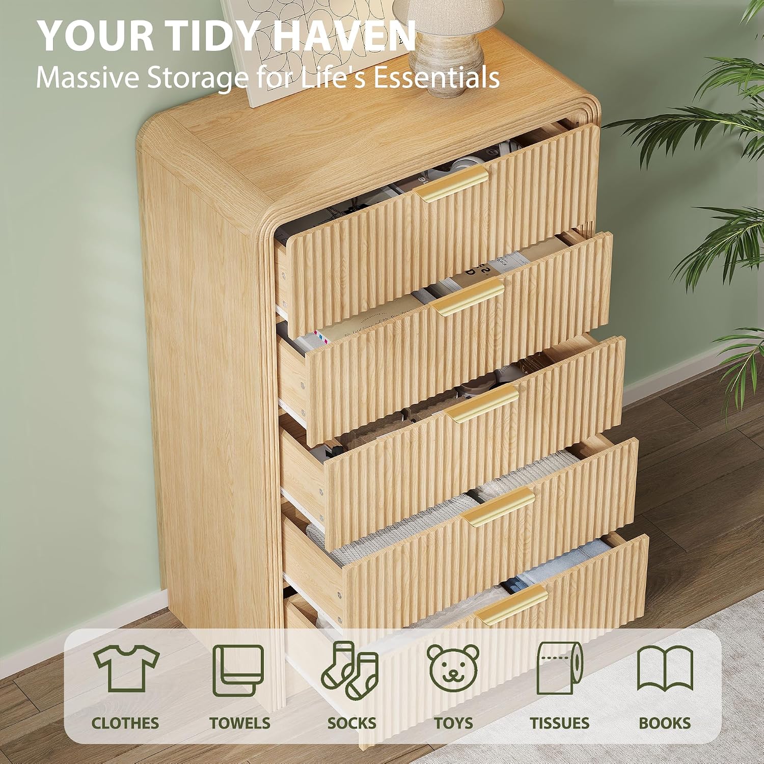 Decofy Fluted 5 Drawers Dresser, 48' Tall Modern Chest of Drawers with Round Edge & Metal Handle, Wood Drawer Organizer for Living Room, Bedroom, Entryway, Hallway (Natural Oak)
