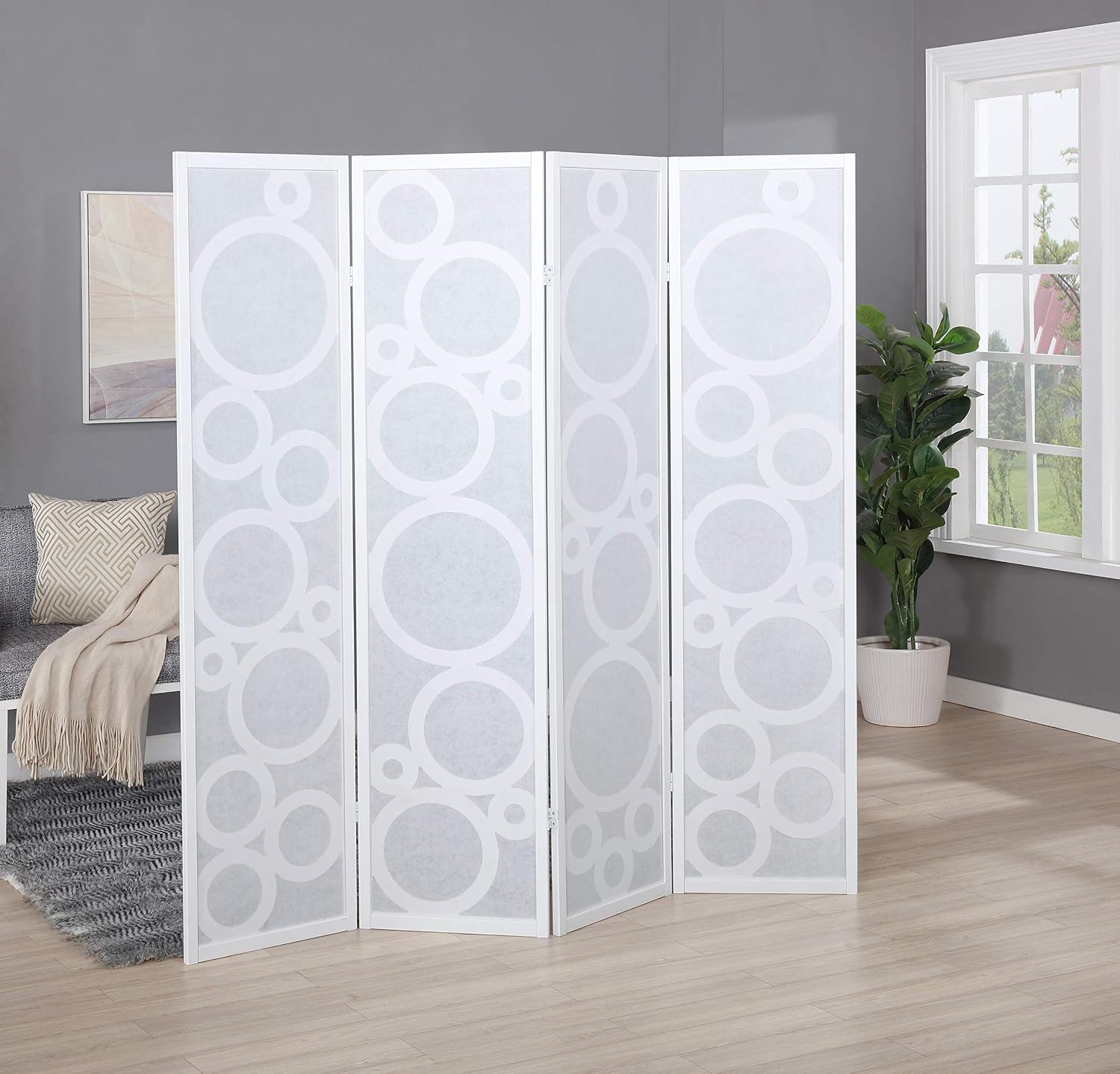 Roundhill Furniture Arvada 4-Panel Wood Room Divider with Circle Pattern, White