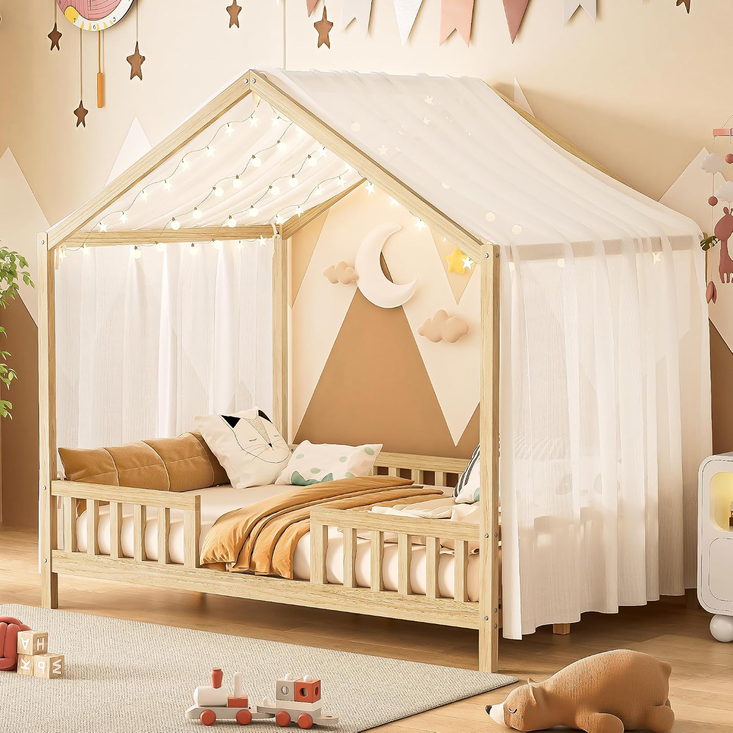 Bellemave Full House BedFrame with Canopy, Montessori Floor Bed, House Bed with Rails for Kids, Natural