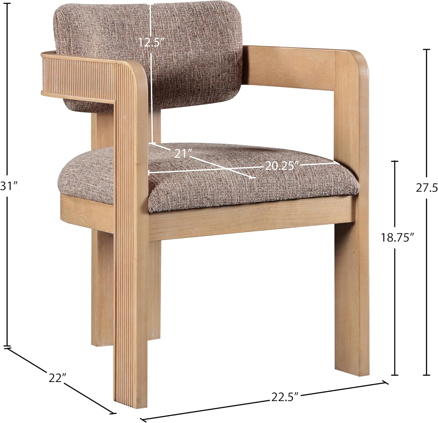 Meridian Furniture Sacha Collection Art Deco Dining Chair, Solid Fluted Wood, 22.5' W x 22' D x 31' H, Set of 2 (Brown, Natural Finish, Linen Textured Fabric)