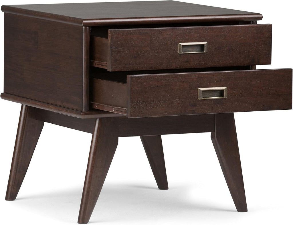 SIMPLIHOME Draper Side Table - 22 inch Wide Solid Hardwood Rectangular End Table with 2 Storage Drawers in Medium Auburn Brown, Mid-Century Modern Nightstand or Lamp Stand for Living Room or Bedroom