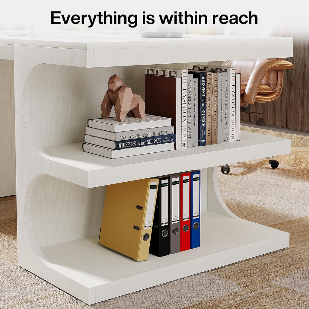 Tribesigns Modern Executive Office Desk, 63-Inch Large Computer Home Office Desk with Storage Shelves, Wood Study Writing Table, Workstation Business Furniture, White
