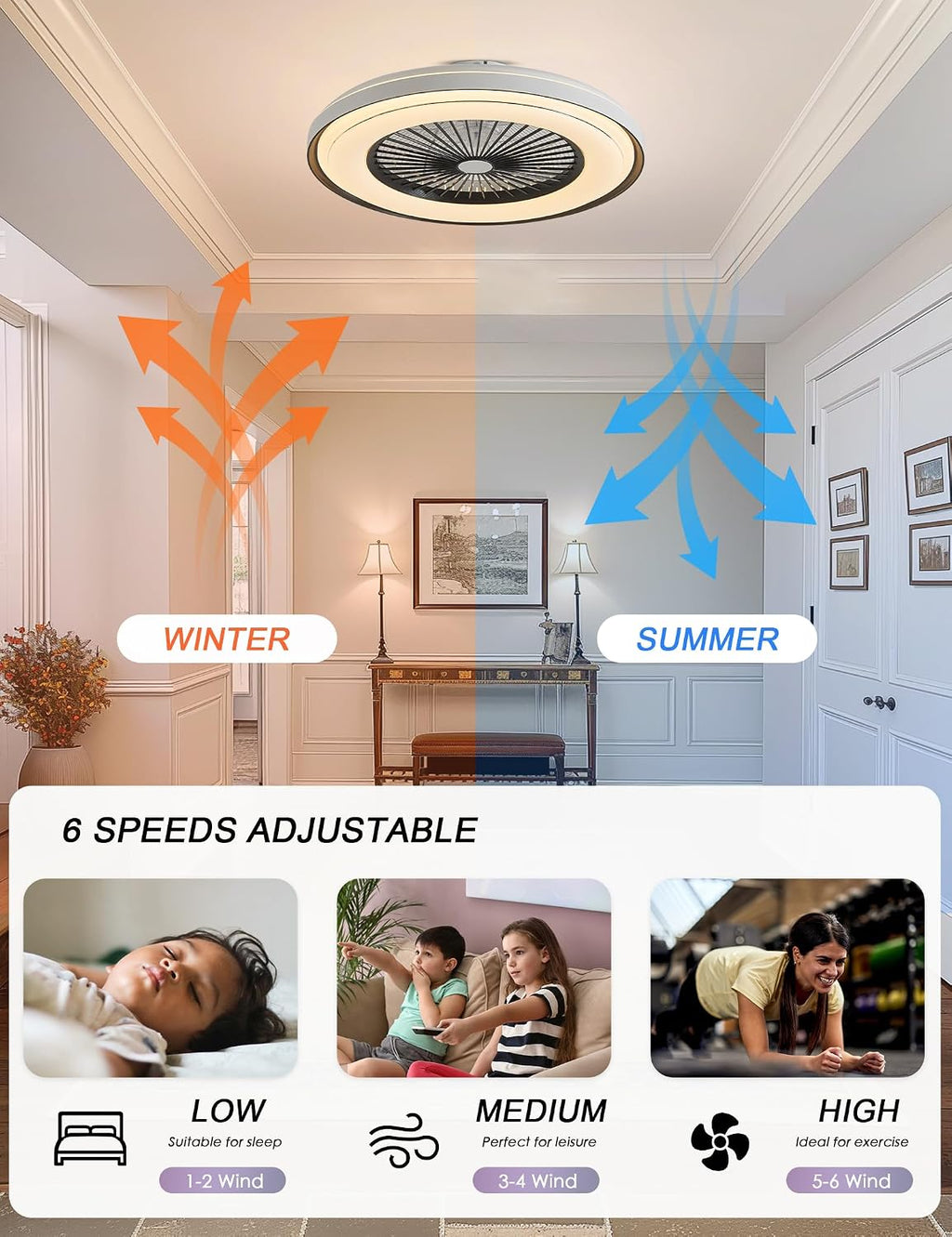 Dawn Whisper 24'' Ceiling Fan with Light Fandelier Flush Mount Low Profile Smart RGB Ceiling Fan with Dimmable LED Light for Kids Bedroom Black 3 Color 6 Speeds