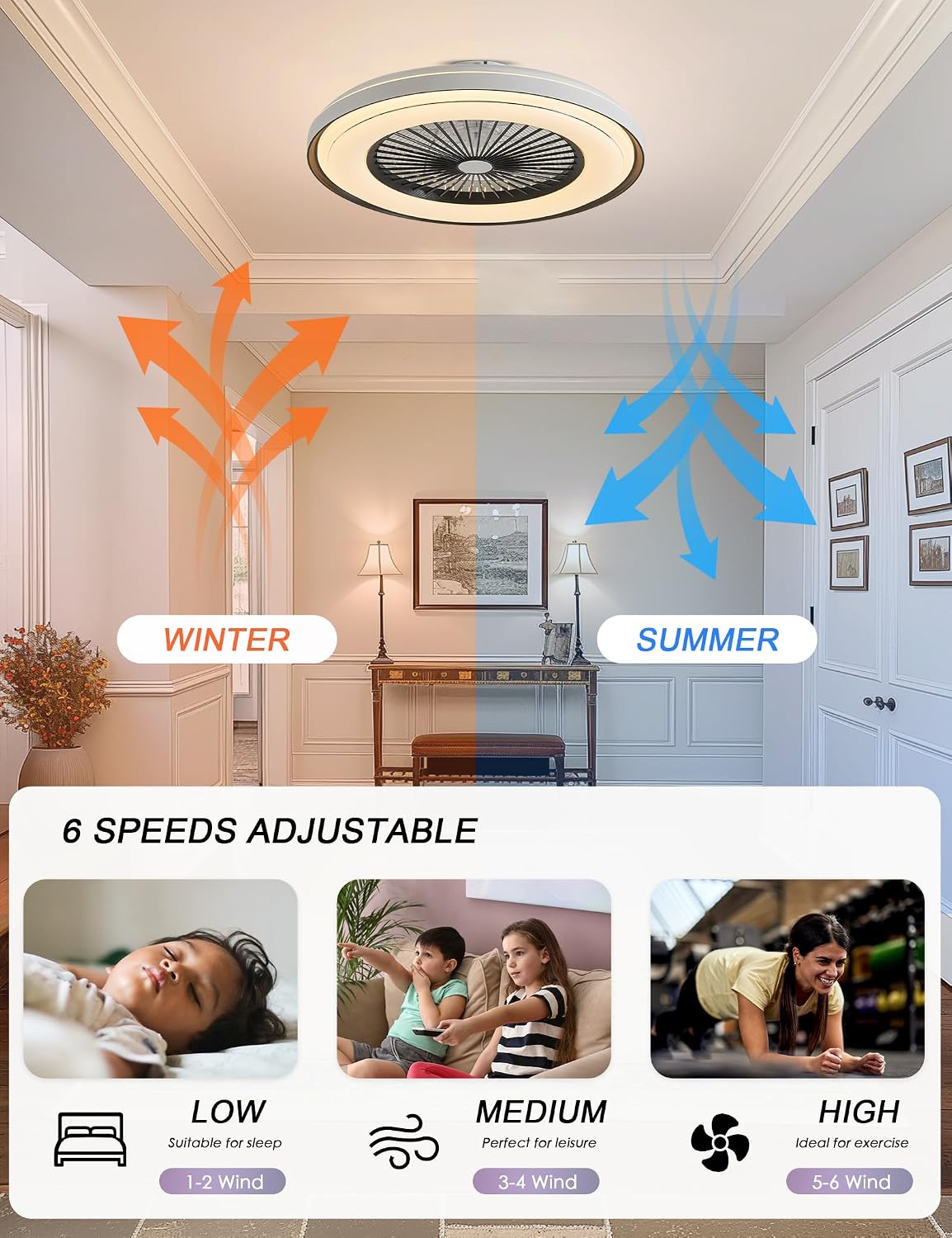 Dawn Whisper 24'' Ceiling Fan with Light Fandelier Flush Mount Low Profile Smart RGB Ceiling Fan with Dimmable LED Light for Kids Bedroom Black 3 Color 6 Speeds