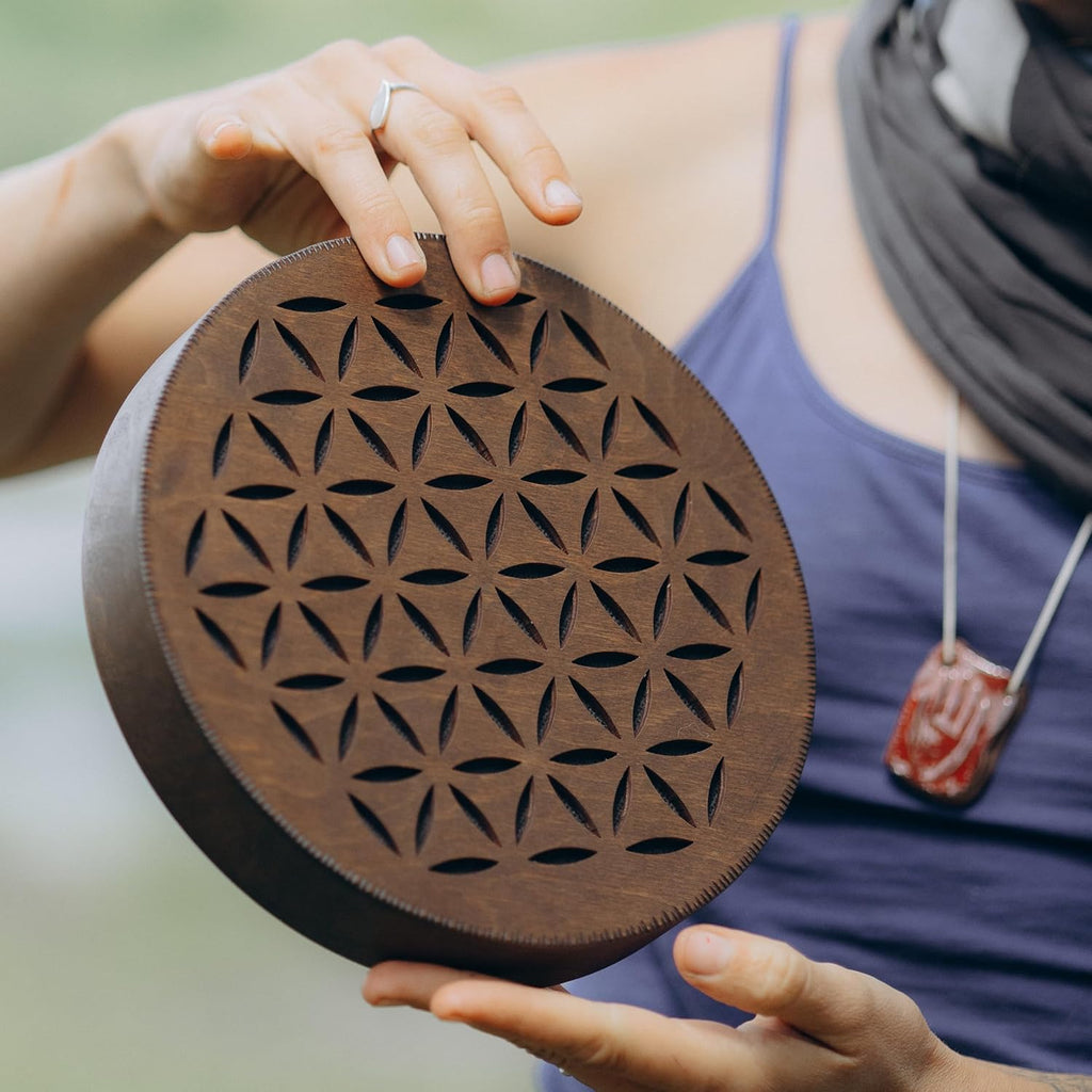 Rain-Fall Disc, 8.6 Inch (22 cm) Wooden Ocean Drum, Gentle Rain Sound for Sound Bath, Meditation & Sound Healing, Flower of Life & AUM Design
