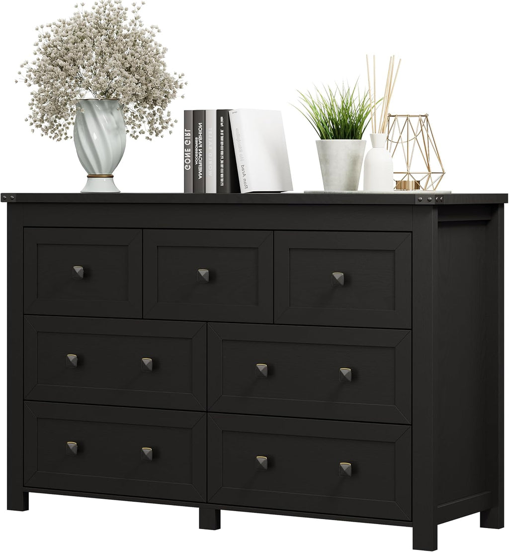 7 Drawer Dresser for Bedroom, Farmhouse Wood Chest of Drawers, Wide TV Stand Closet Storage Furniture with Metal Handle, Modern Wooden Clothes Organizer for Hallway, Living Room, Entryway, Black