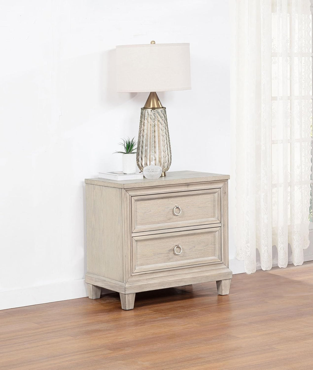 Coaster Home Furnishings - Pembroke - Wood - 2-Drawer Nightstand with Ring Pulls, Stepped Trim, Cable Access and Wood Grain Detail - Bedroom - Washed Oak - 215922